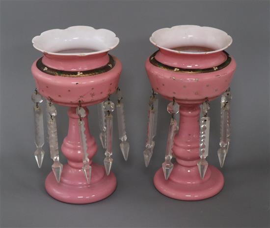 A pair of pink glass lustres height 26.5cm